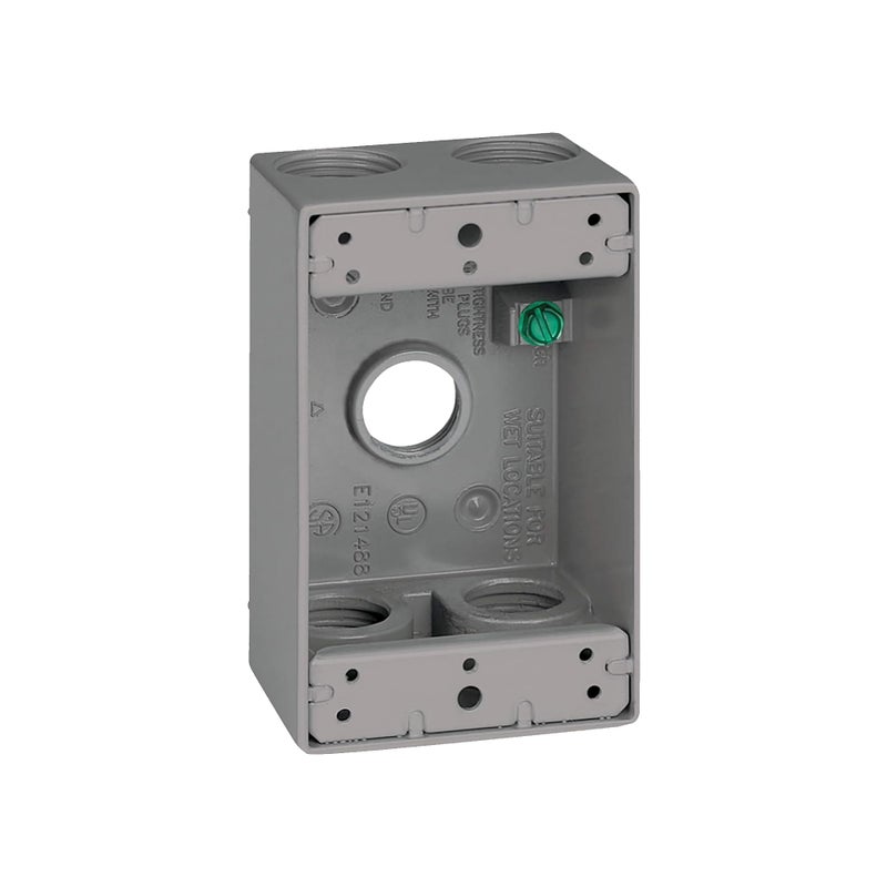 Sigma Electric SIGMA ENGINEERED SOLUTIONS 14253-5 Metal Electrical Outlet Box, Weatherproof, Easy Mount Plug and Receptacle Protector, Gray, (5) 3/4-Inch Holes, 1 Gang Box - Image 1